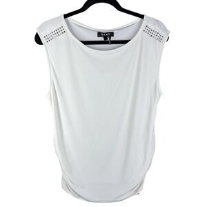 DKNY Shirt Womens Medium White Sleeveless Studded Shoulder Ruched Tunic Top